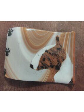 Handmade Bull Terrier Dog Fused Glass Trinket, Soap Dish, Brown White Paw Prints